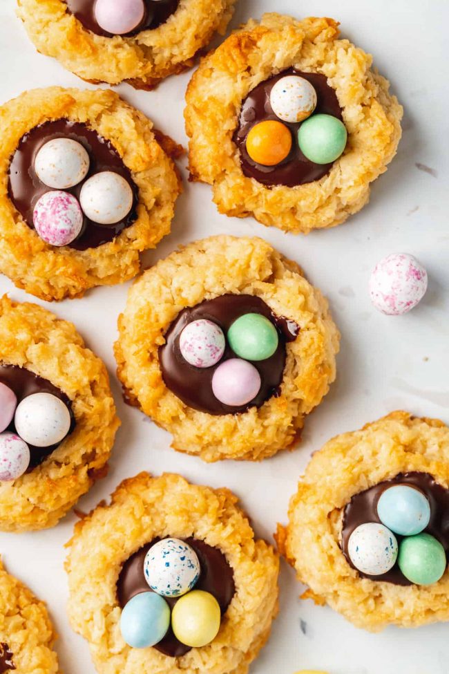 These birds nest cookies are super easy to make and just require 7 ingredients! They can easily be made paleo or vegan. This Easter cookie recipe is also an easy one for kids to help with and uses pantry ingredients.