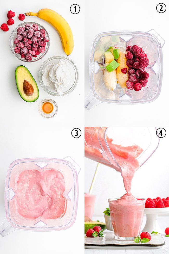 This raspberry smoothie is super thick thanks to bananas, avocado and yogurt and can also be made paleo and vegan by simply using coconut milk yogurt.