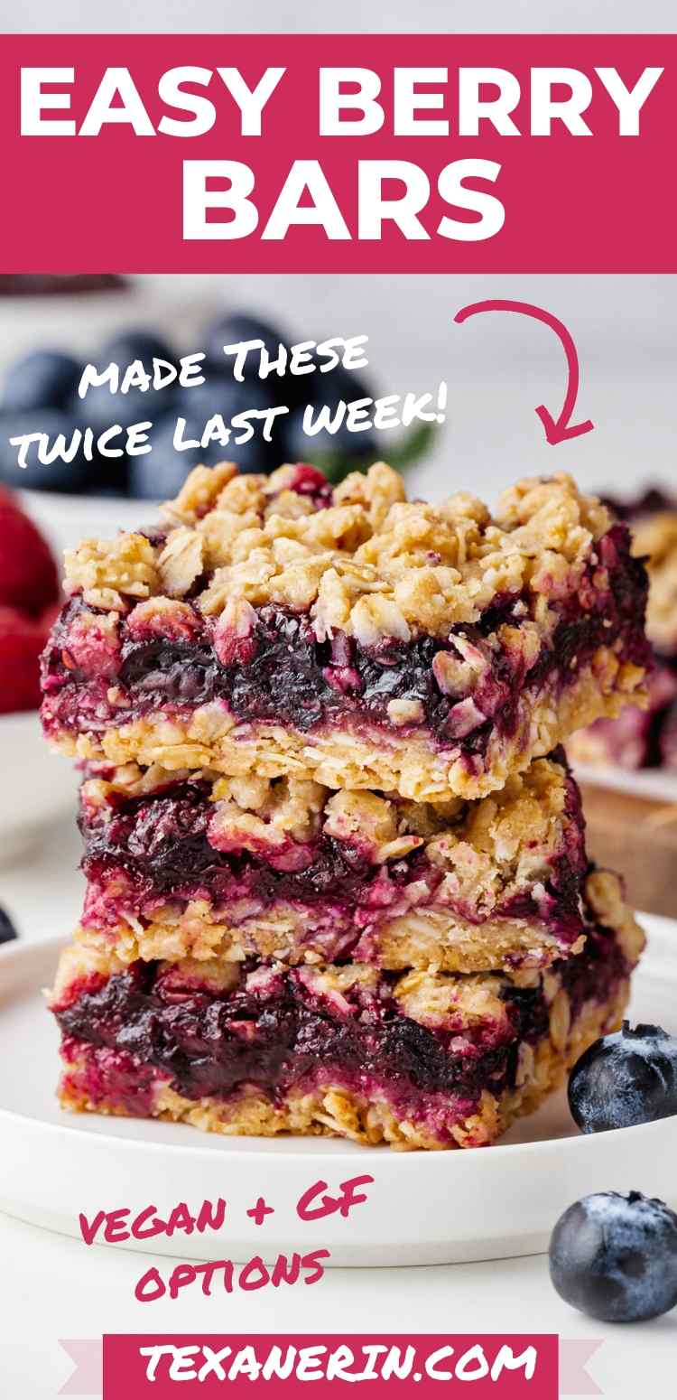 These berry bars have a thick layer of blueberries mixed with berry jam nestled between a crumb-like crust and topping! Can be made with all-purpose, gluten-free or whole wheat flour. Can also be made vegan and dairy-free.