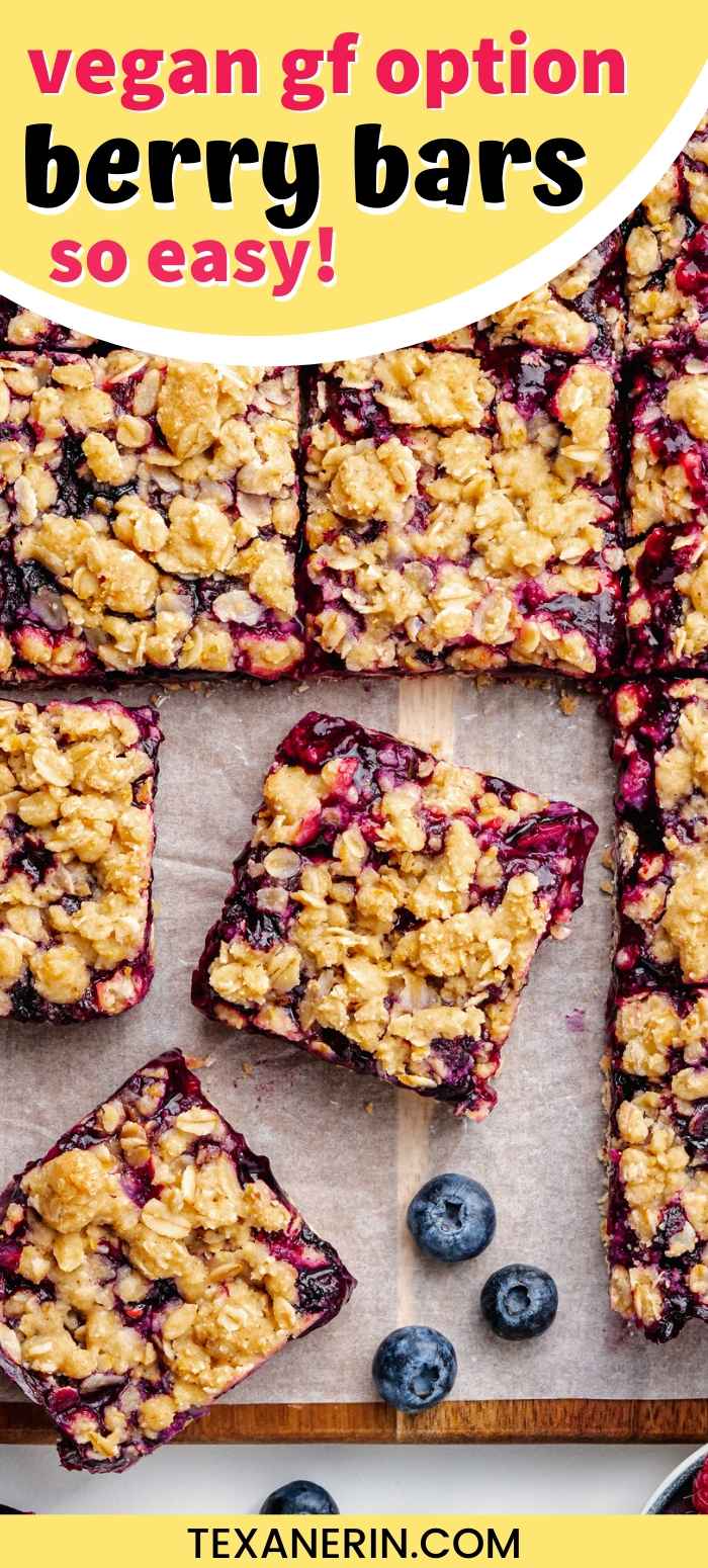 These berry bars have a thick layer of blueberries mixed with berry jam nestled between a crumb-like crust and topping! Can be made with all-purpose, gluten-free or whole wheat flour. Can also be made vegan and dairy-free.