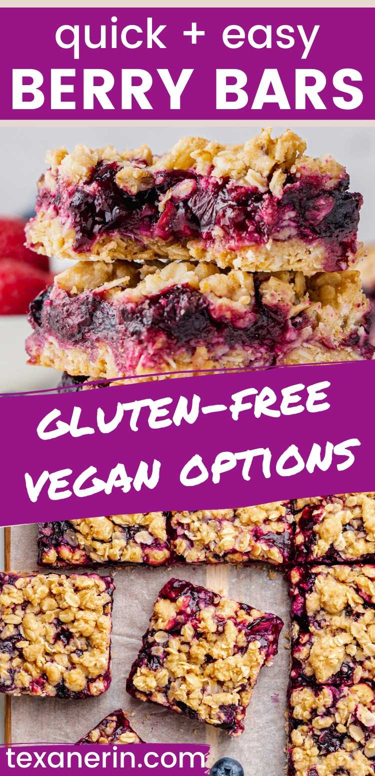 These berry bars have a thick layer of blueberries mixed with berry jam nestled between a crumb-like crust and topping! Can be made with all-purpose, gluten-free or whole wheat flour. Can also be made vegan and dairy-free.