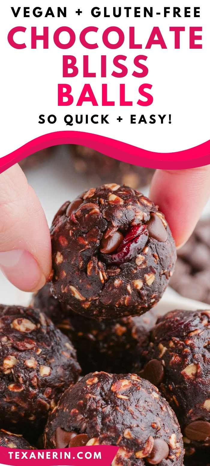 These bliss balls are loaded with chocolate, are no-bake and easy to make gluten-free and vegan. They only call for 6 ingredients and take 5 minutes to make!