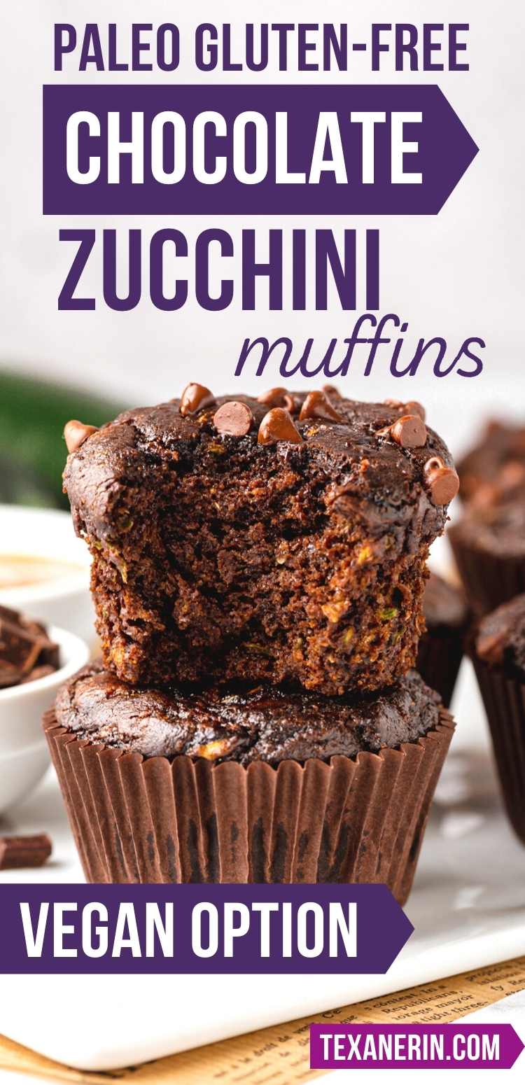 These gluten-free chocolate zucchini muffins are also paleo, full of almond butter and use just a little coconut flour for a fudgy texture. They're also dairy-free and have a vegan option.