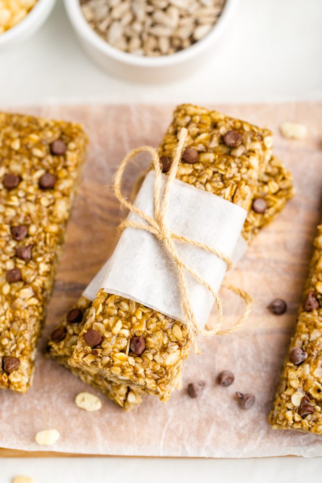 These gluten-free granola bars are easy to make, no-bake, vegan and can also be made nut-free.