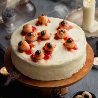 Halloween Cake with Eyeballs on cake plate