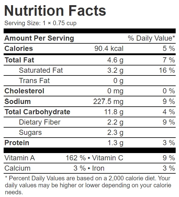 Sweet potato and pumpkin soup nutritional label