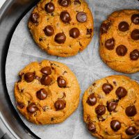 air fryer chocolate chip cookies in basket