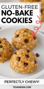 pin graphic showing gluten-free no-bake cookies on a white plate