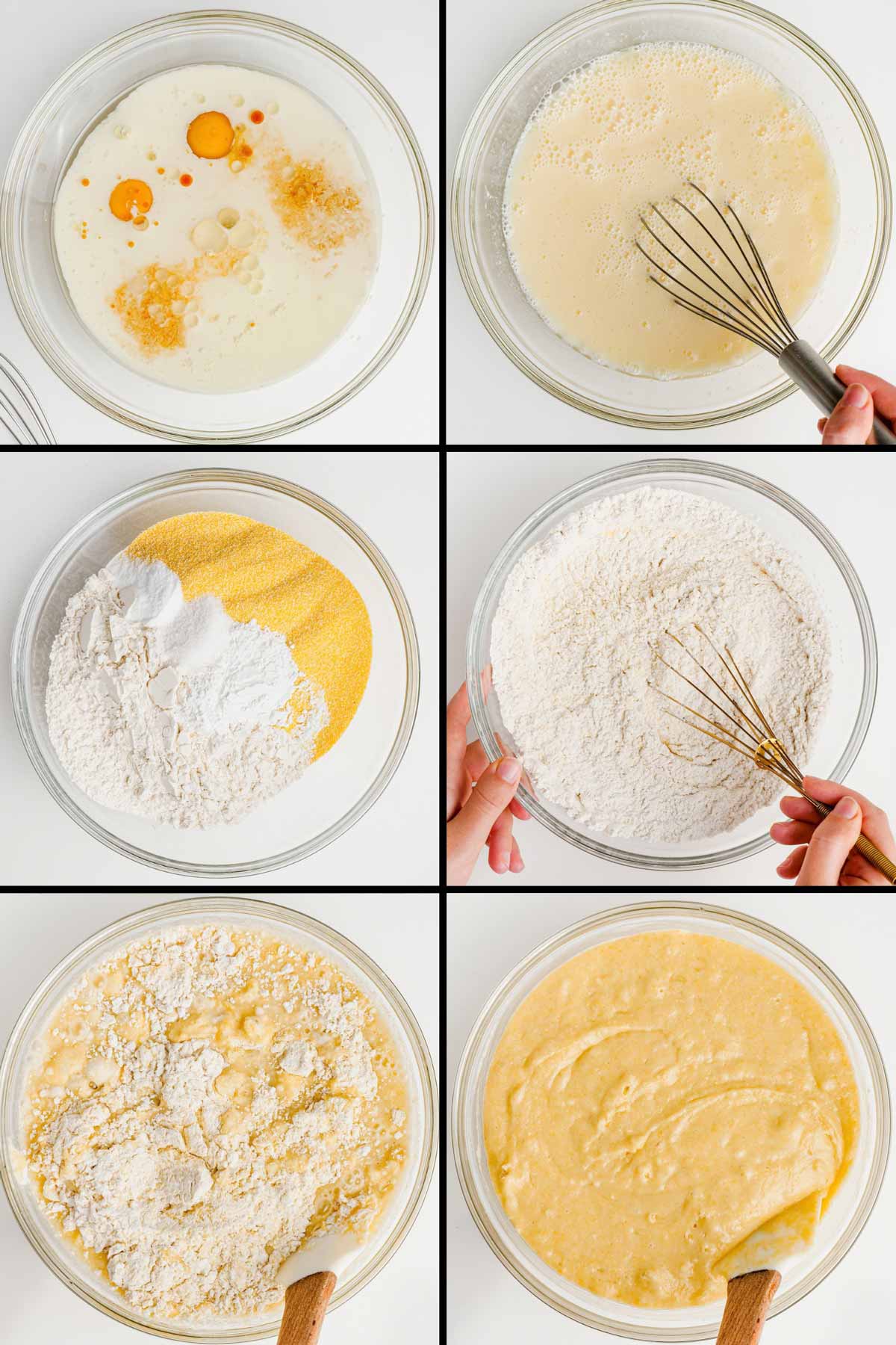 Ingredients and mixing steps for making sweet and fluffy gluten-free cornbread in six process images.