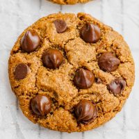 close-up of vegan peanut butter chocolate chip cookies