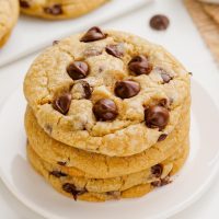 stack of eggless chocolate chip cookies