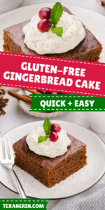 pin graphic showing a slice of gluten-free gingerbread cake on a white plate
