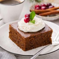 photo of a slice of gluten-free gingerbread cake topped with whipped cream and fresh cranberries and mint as a garnish