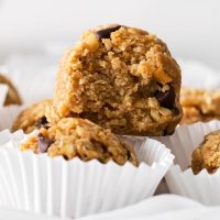 close-up of half-eaten peanut butter bliss ball