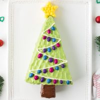 light green christmas tree cake with a yellow star decorated with candy light bulbs