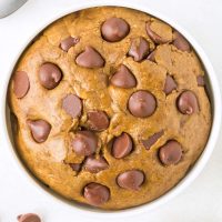 top view of a bowl of protein cookie dough with chocolate chips