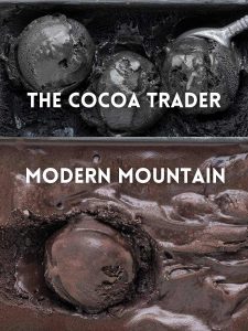 Color contrast photo between the black Cocoa Trader vs dark brown Modern Mountain cocoa powder to make Black Ice Cream