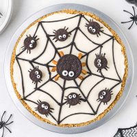 image of a spider pie showing a round 3-layer pumpkin and vanilla cheesecake decorated with a spider web with one big Oreo mama spider and 8 mini Oreo spider babies