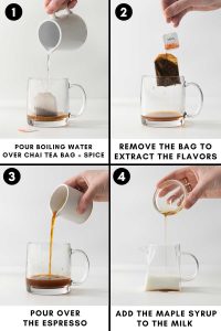 process photo showing steps 1 to 4 on how to make a dirty chai latte, which is chai tea and spice with a shot of espresso
