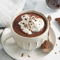 Photo of a rustic mug of French hot chocolate with a dab of whipped cream and topped with chocolate shavings.