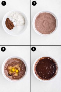process grid photos on how to make heart shape chocolate cake steps 1 to 4, showing measured dry ingredients in bowl, mixing together, adding eggs and wet ingredients and mixing until combined