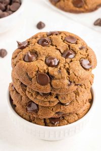 close up photo of a protein chocolate chip cookie with tons of chocolate chips