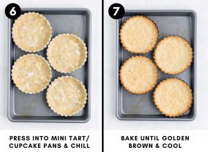 press crust dough into mini tart cupcake pans and chill, bake until golden brown and cool