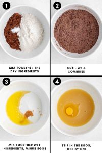 mixing dry and wet ingredients in separate white bowls until well combined