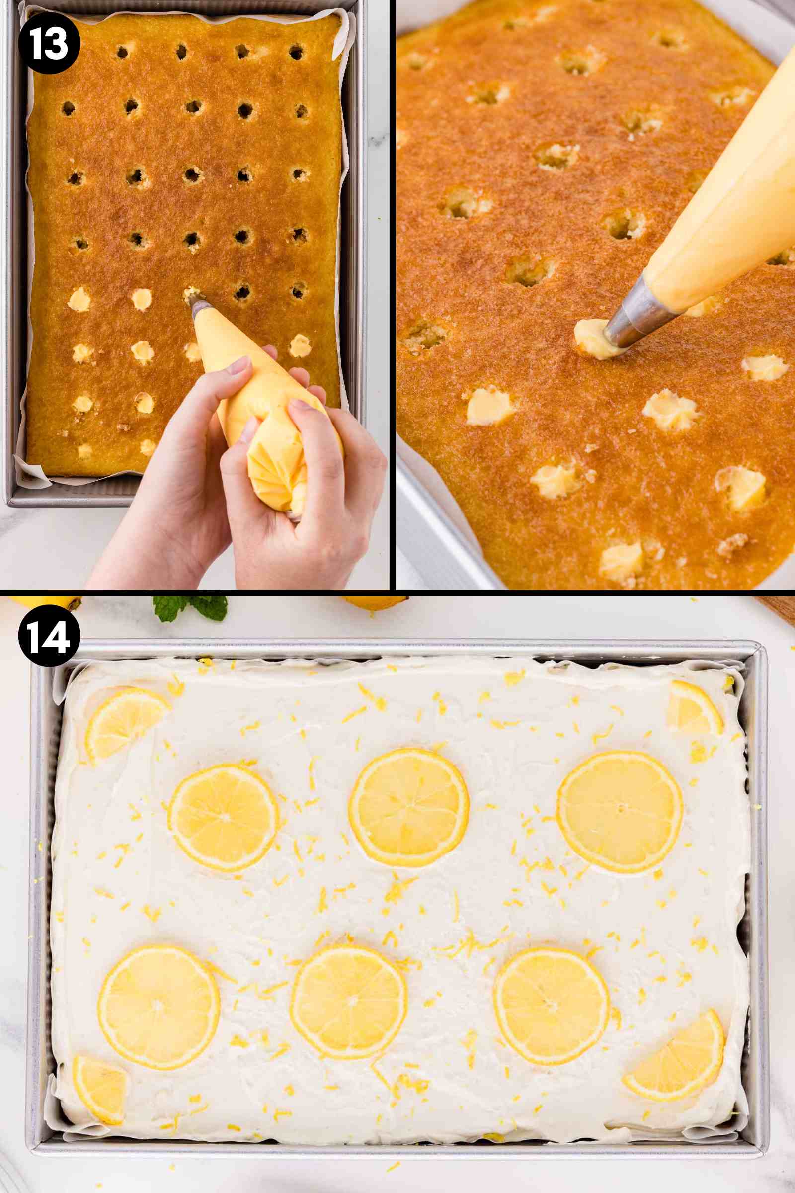 piping lemon curd into the cake and topping with lemon slices