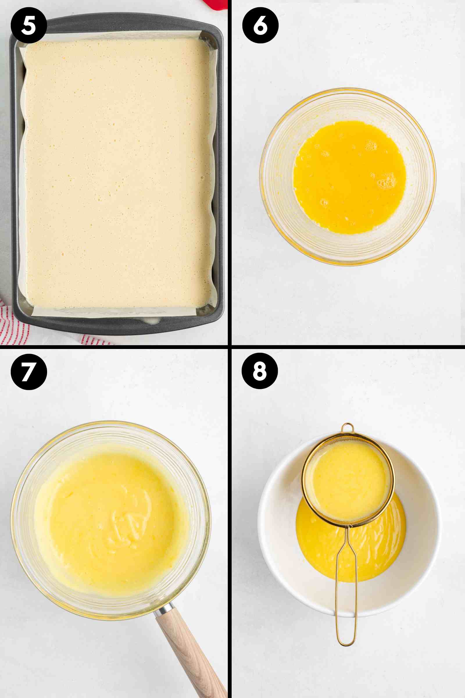 batter poured into a baking pan, mixing together lemon curd ingredients, cooking them and straining