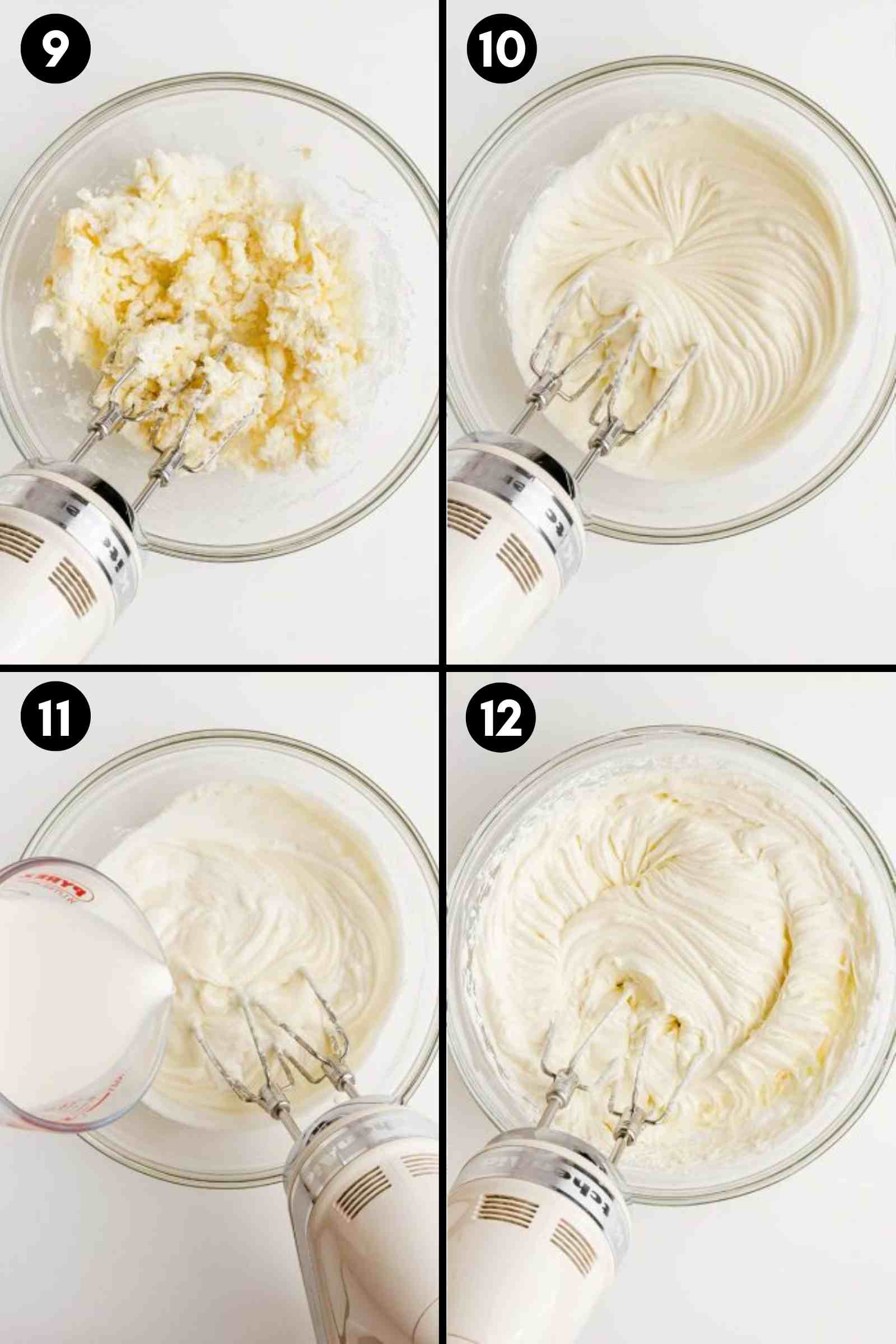 beating together cream cheese and sugar and then beating in heavy cream