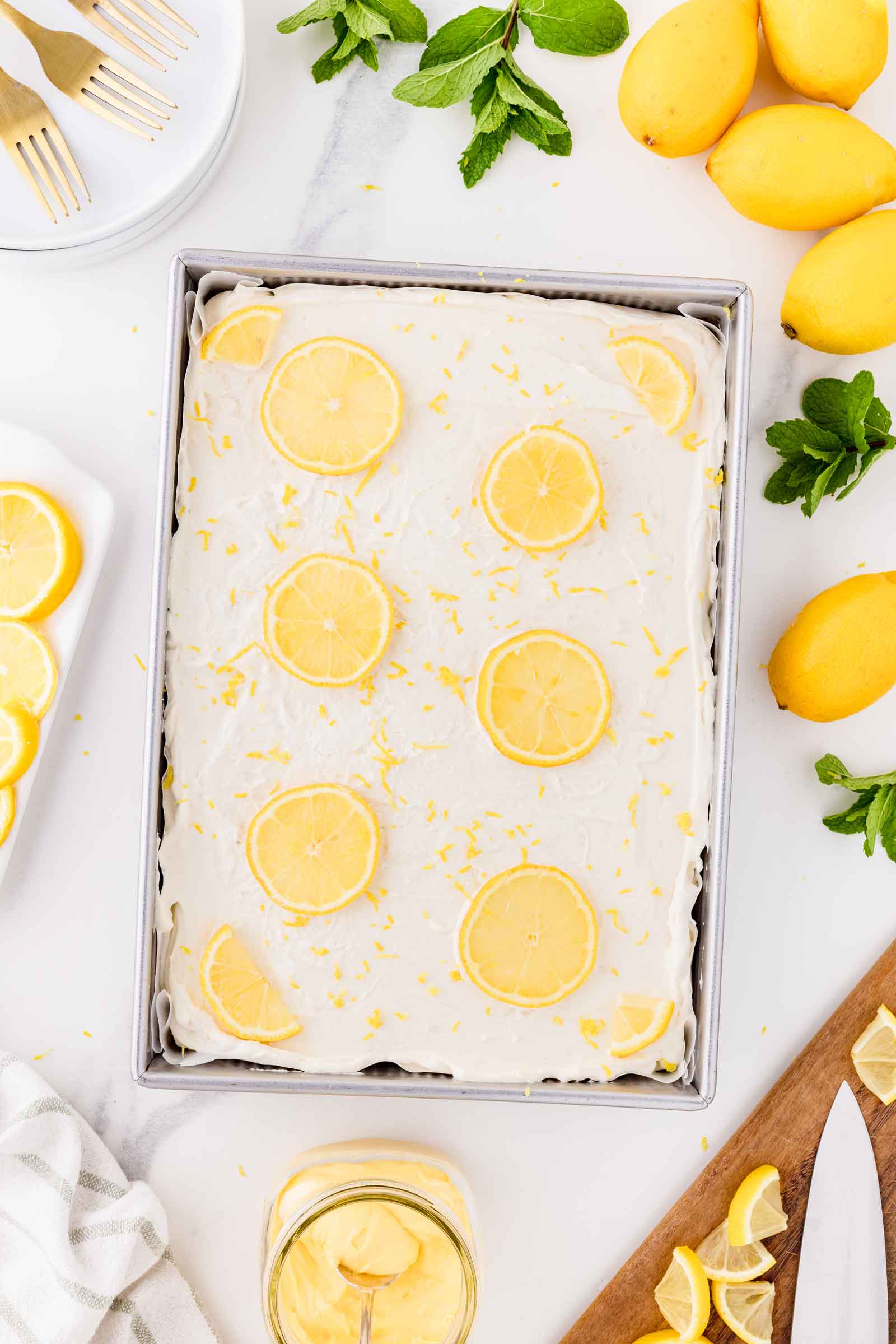 pan of lemon curd cake on a white table