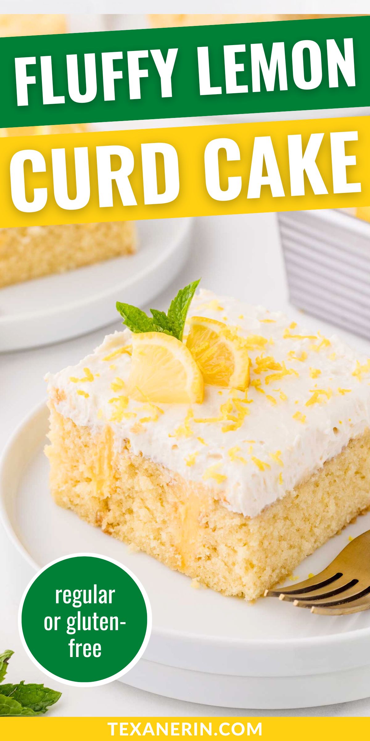 slice of lemon cake on white plate with text saying regular or gluten-free