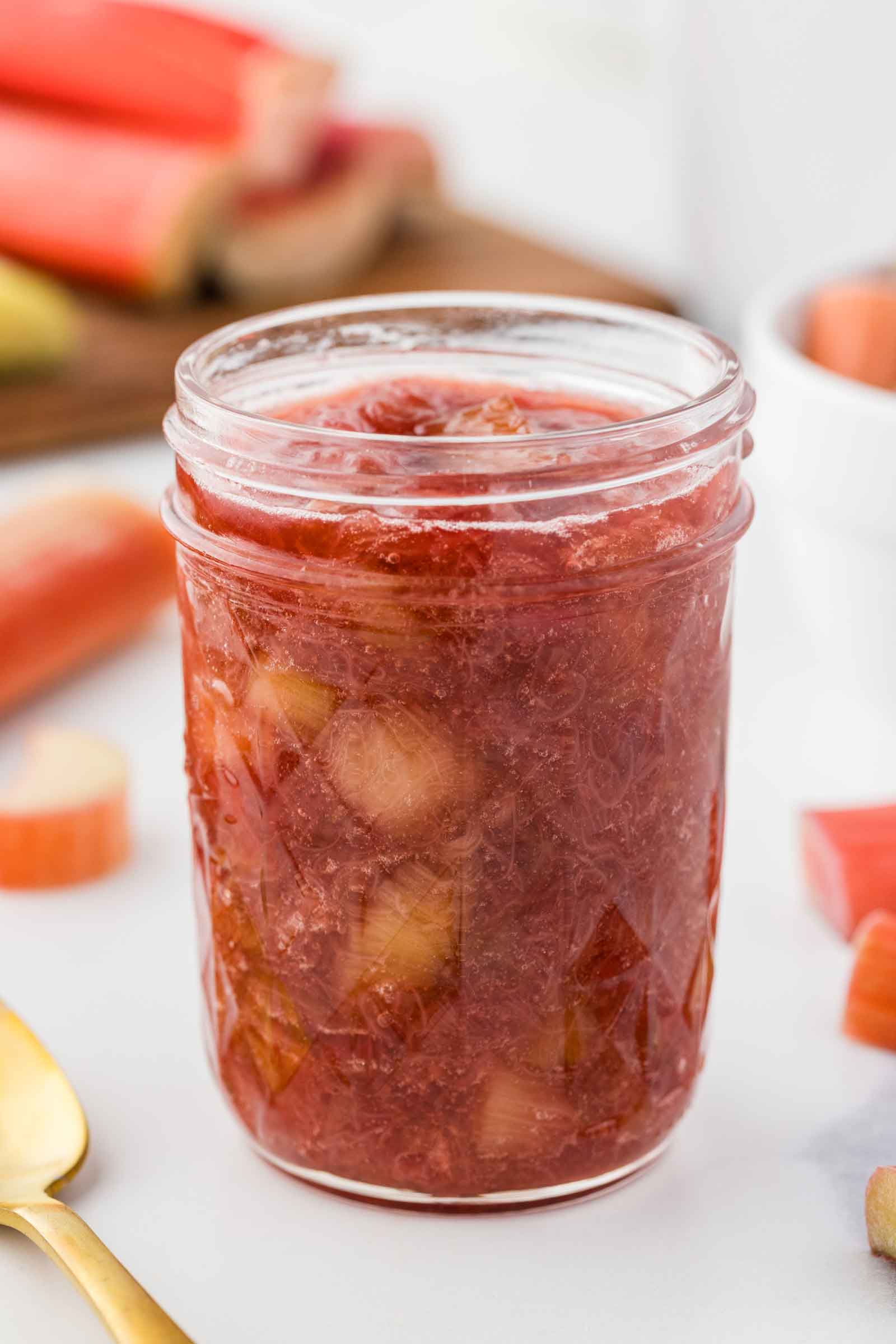 a jar full of rhubarb preserves
