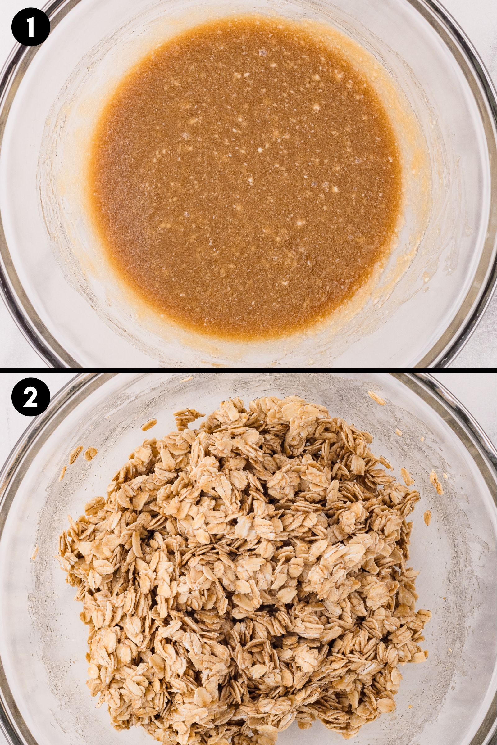 mixing together wet granola ingredients and then stirring in the oats