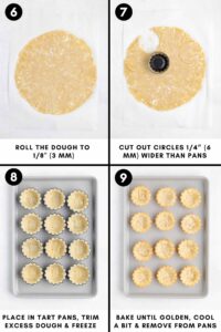rolling out tart dough, cutting out dough for each tartlet mold, and baking the crusts