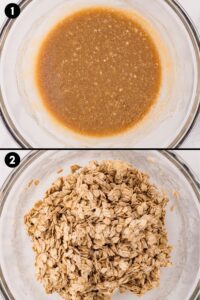 mixing together granola mixture and adding oats