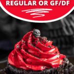 pin graphic for goth cupcakes showing a close-up of a cupcake on a black plate