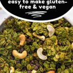 pin image for matcha granola showing a close-up of the granola in a white bowl and a say saying easy to make gluten-free and vegan