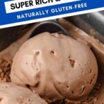 pin image for nutella ice cream showing a scoop in a loaf pan and a text saying rich and creamy and naturally gluten-free