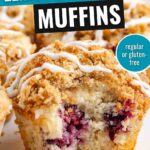 pin image for blackberry lemon muffins showing a bitten into muffin on a white table