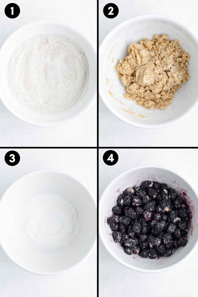 collage showing the mixing together of the crumble topping and the blackberry filling