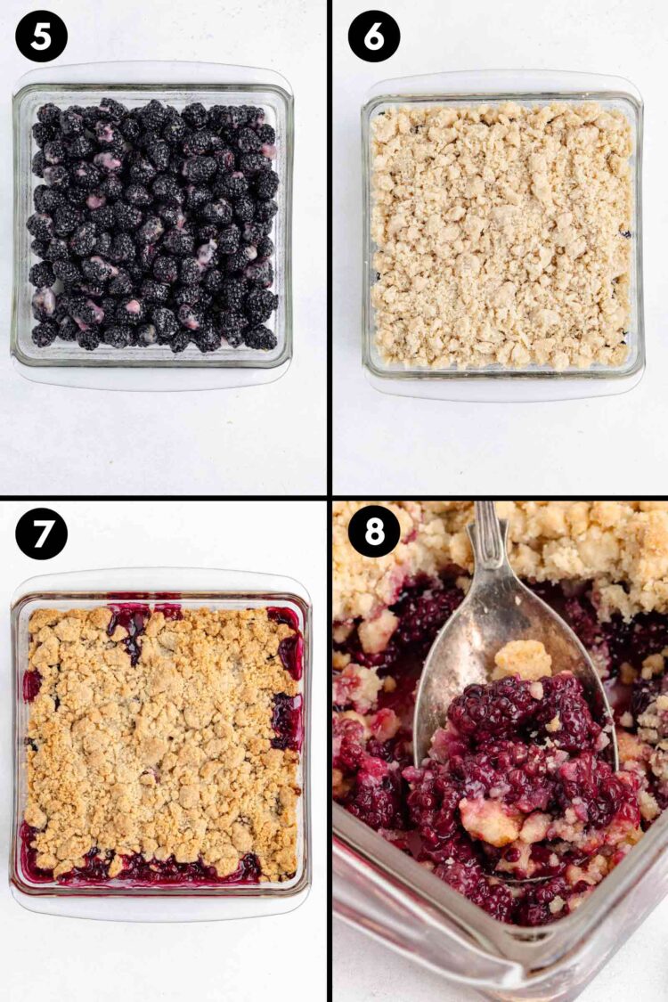 collage showing putting the blackberry filling in the pan, topping them, the baked crumble and a spoon digging into the cooled crumble