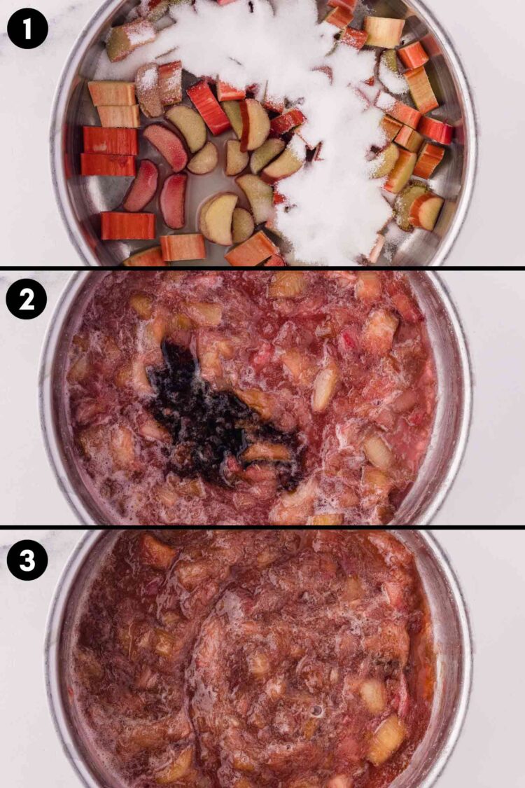 collage showing the first three steps of making rhubarb jam for rhubarb bars