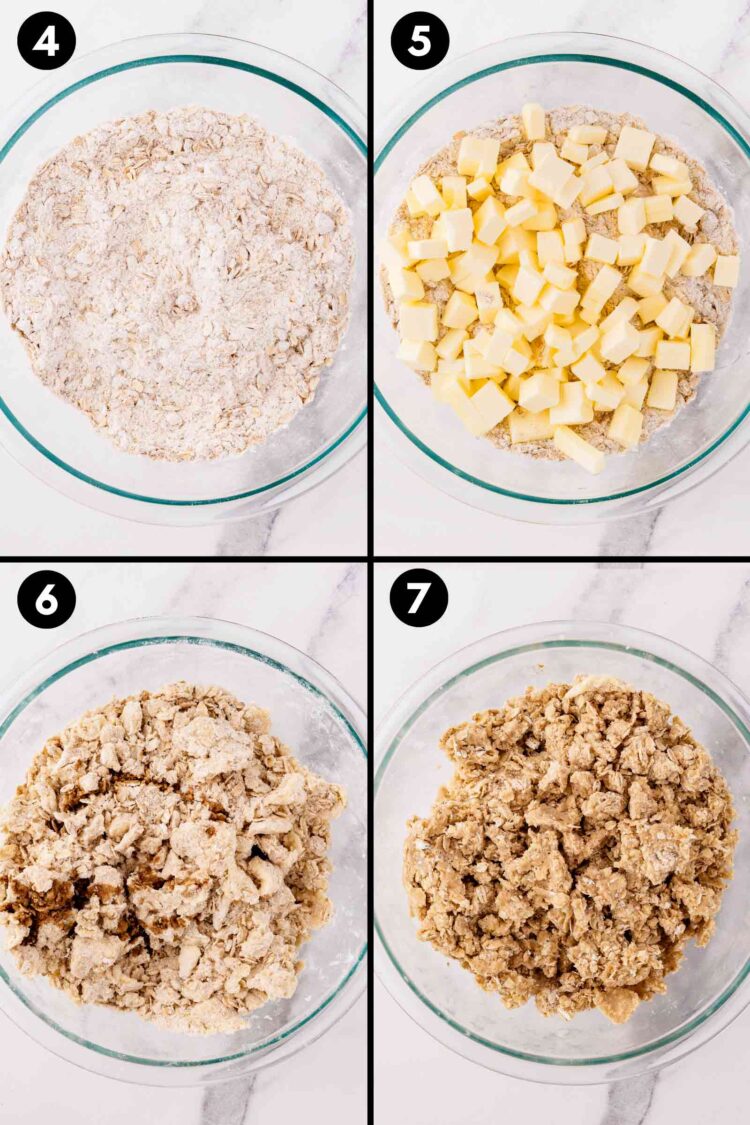 collage showing the mixing together of the base and topping of the rhubarb bars