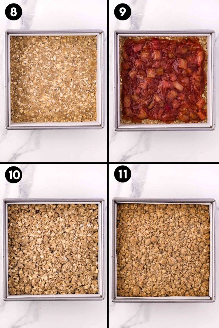 collage showing putting the base into the pan, spreading jam on top, adding the topping and baking