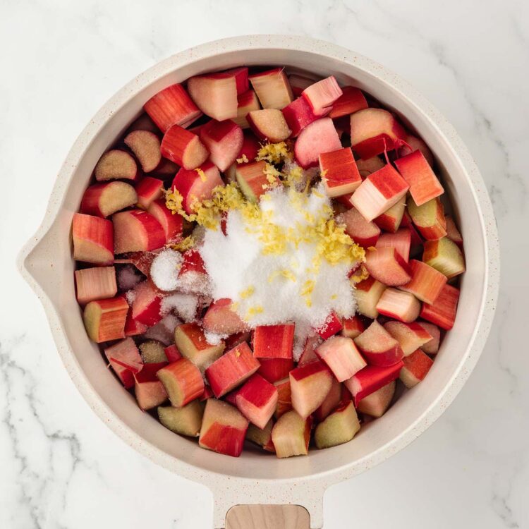 all ingredients in a pot to make rhubarb compote