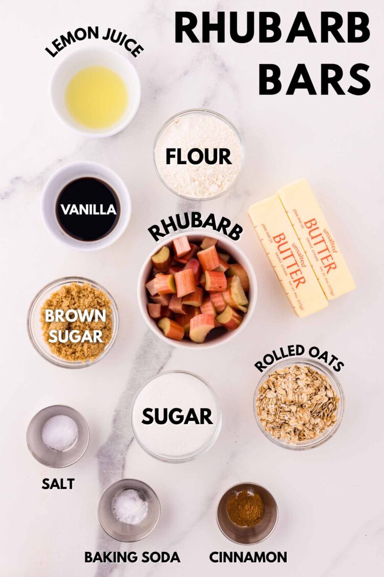 ingredients laid out on a white table for rhubarb bars