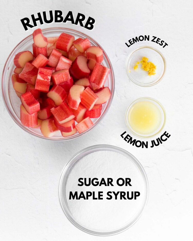 ingredients for rhubarb compote laid out on a white table