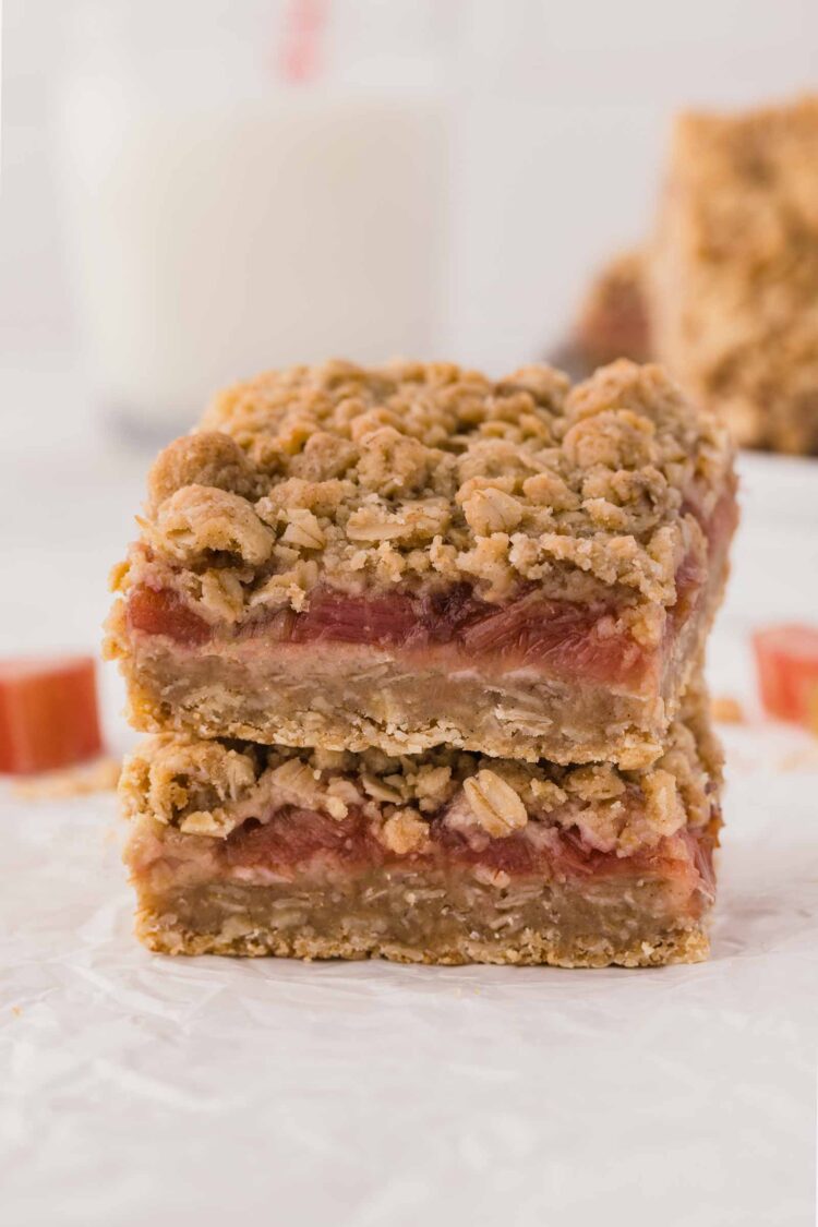 stack of 2 rhubarb bars on a white plate